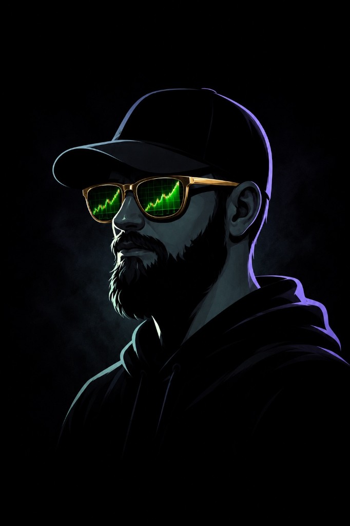 McGzyy, illustrated, with gold sunglasses reflecting a green chart.